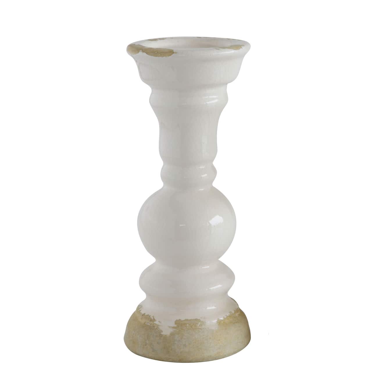 12&#x27;&#x27; Distressed White Stoneware Pillar Candle Holder